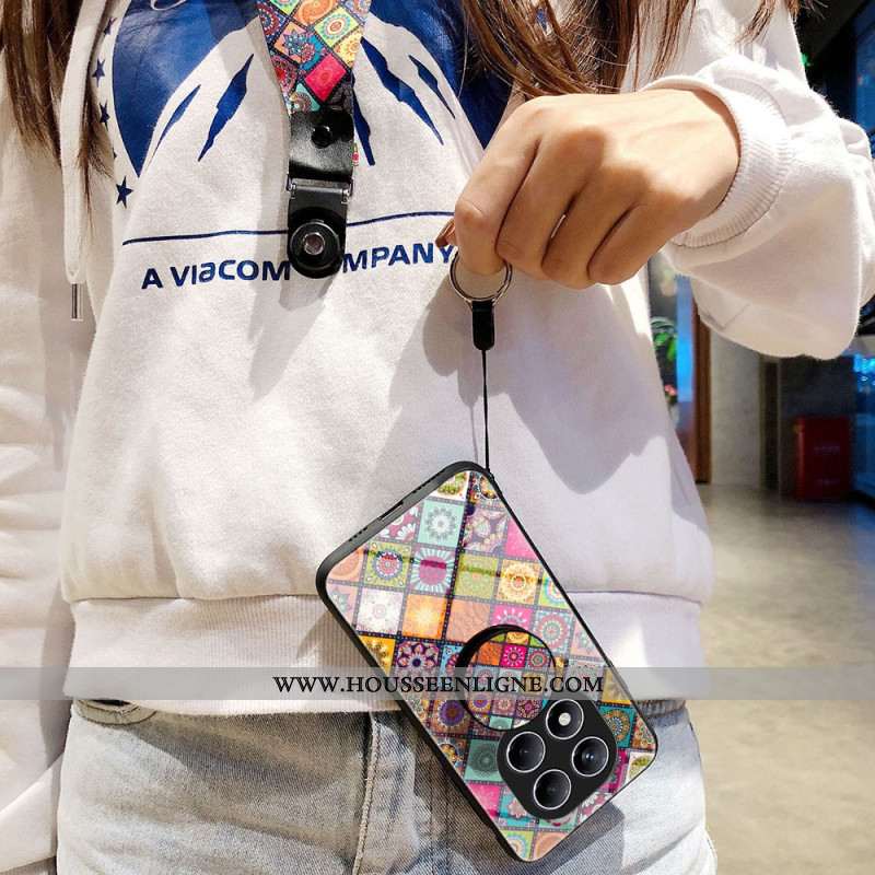Coque Xiaomi Redmi Note 14 Pro 4G Support et Lanière Motif Patchwork