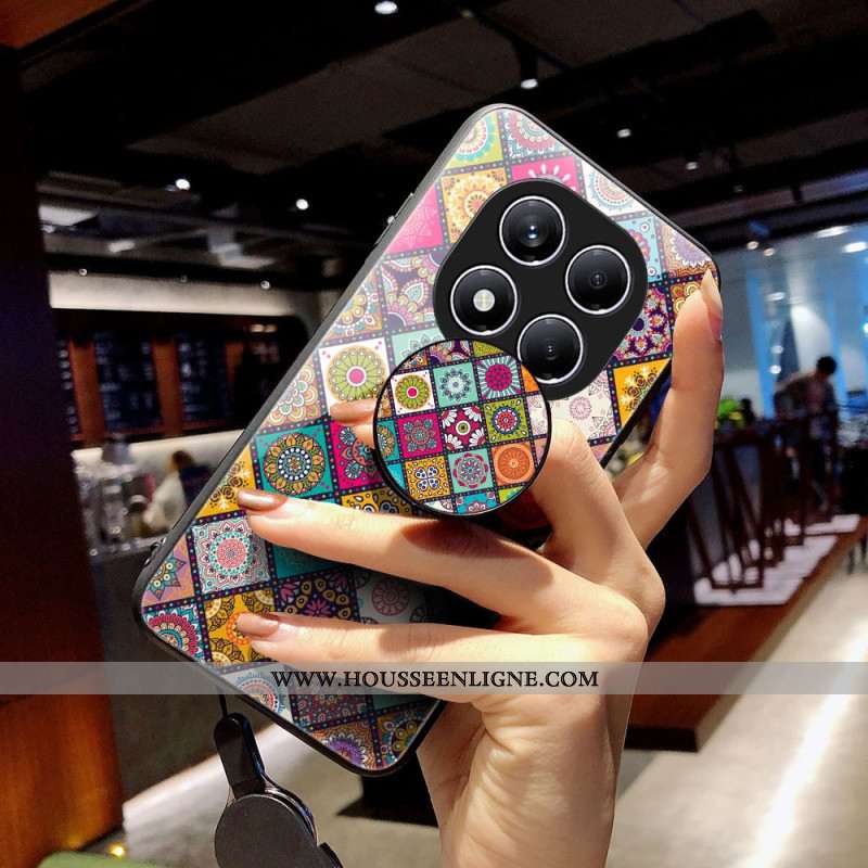 Coque Xiaomi Redmi Note 14 Pro 4G Support et Lanière Motif Patchwork