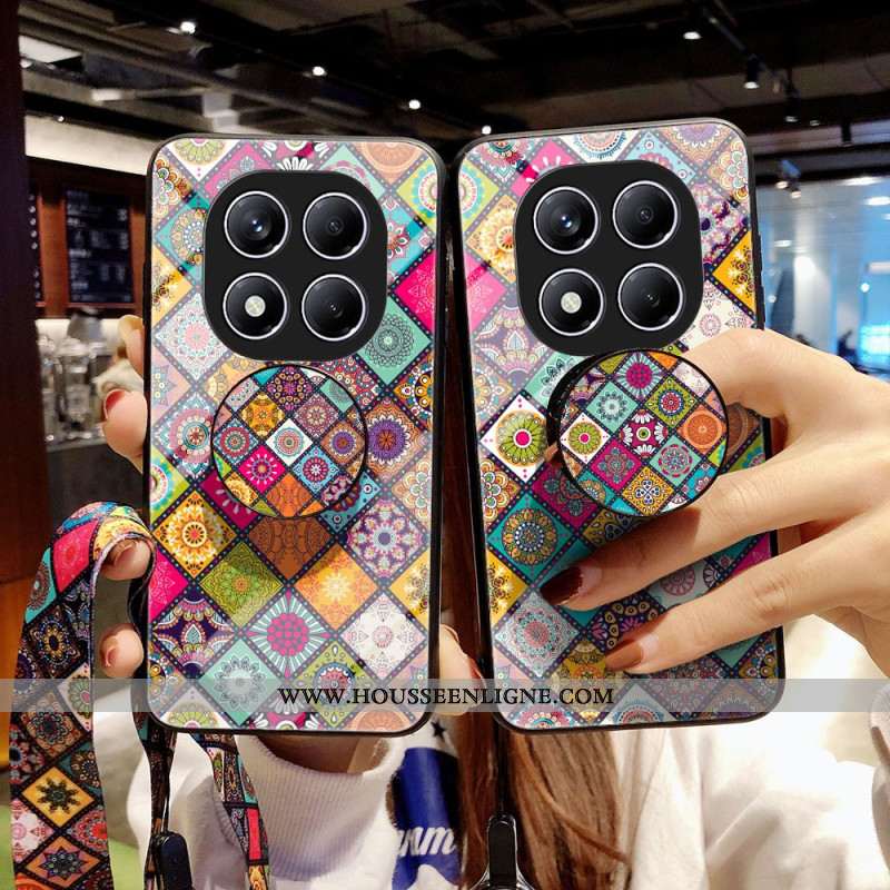 Coque Xiaomi Redmi Note 14 Pro 4G Support et Lanière Motif Patchwork