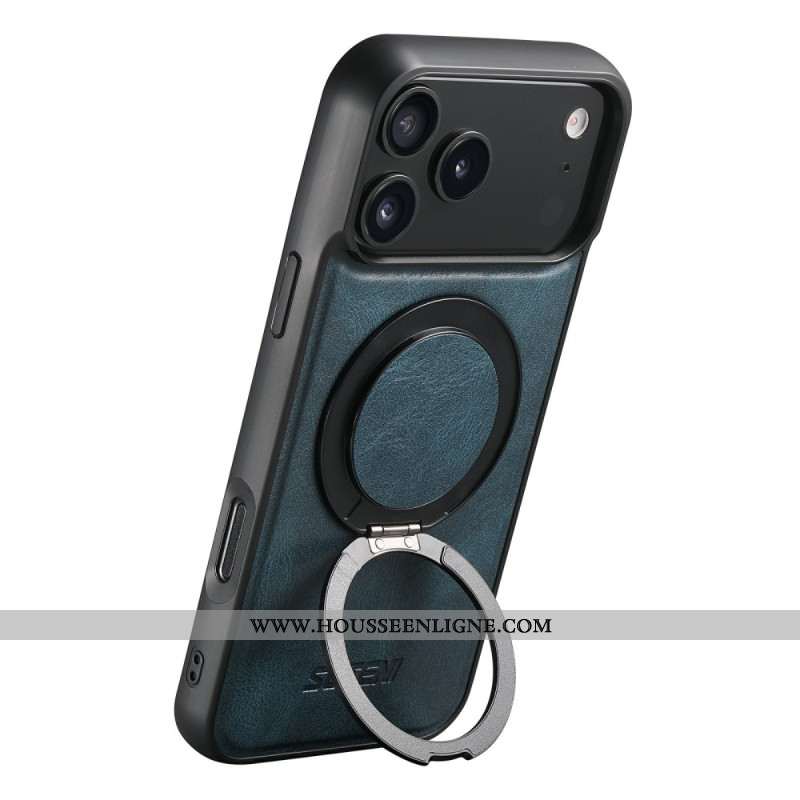 Coque iPhone 17 Pro Compatible MagSafe Effet Cuir Ciré avec Support Rotatif