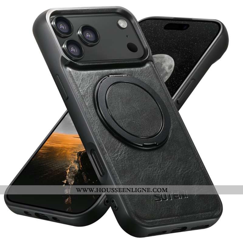 Coque iPhone 17 Pro Compatible MagSafe Effet Cuir Ciré avec Support Rotatif