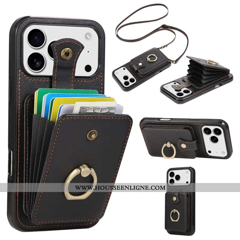 Coque iPhone 17 Pro Max Effet Cuir avec Porte-Cartes et Dragonne