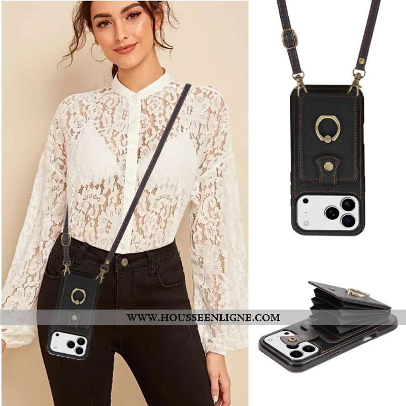 Coque iPhone 17 Pro Max Effet Cuir avec Porte-Cartes et Dragonne