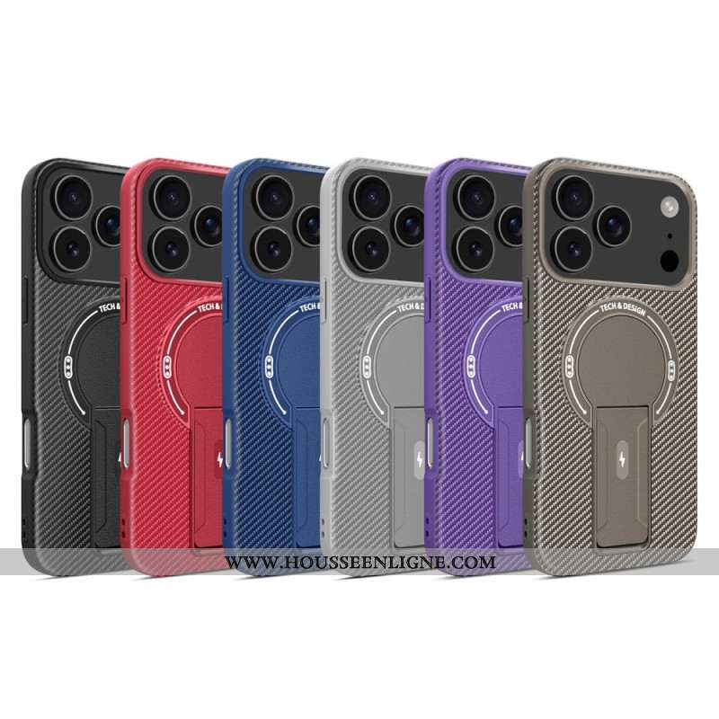 Coque iPhone 17 Pro Max Texture Fibre Carbone avec Béquille