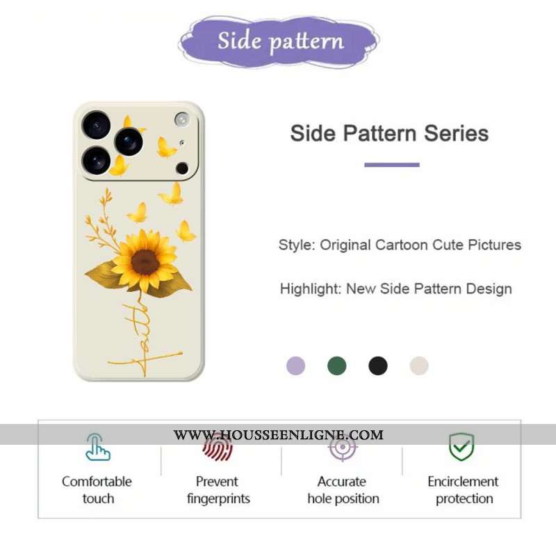 Coque iPhone 17 Pro Silicone Liquide Tournesol et Papillons