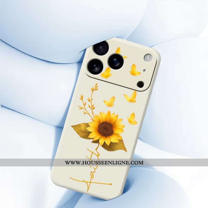 Coque iPhone 17 Pro Silicone Liquide Tournesol et Papillons