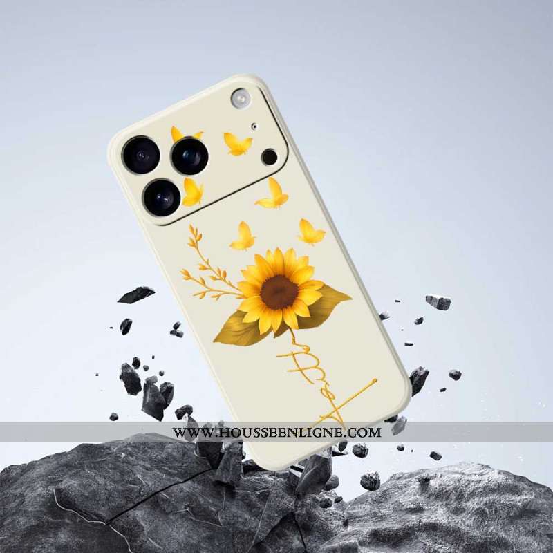Coque iPhone 17 Pro Silicone Liquide Tournesol et Papillons