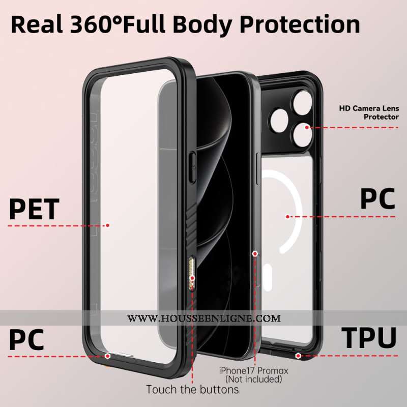 Coque transparente pour iPhone 17 Pro Max compatible MagSafe Étanche IP68