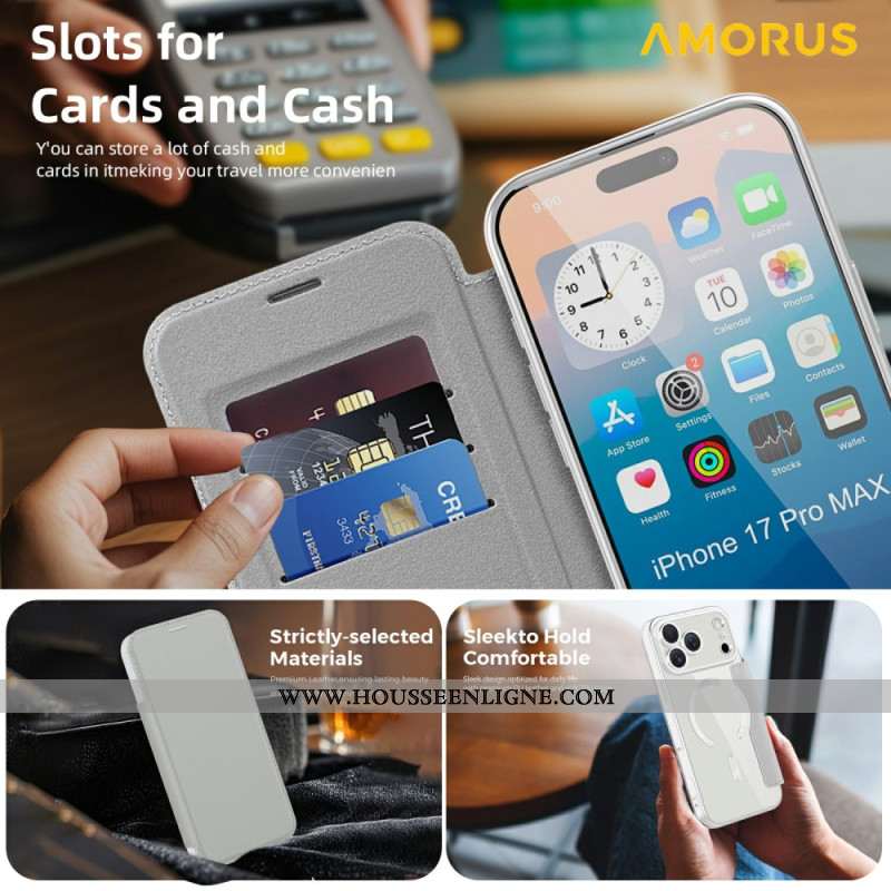 Flip Cover iPhone 17 Pro Max Compatible MagSafe avec Porte-Cartes RFID