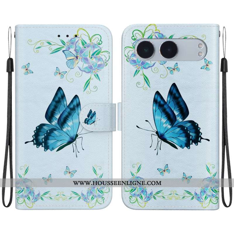 Housse OnePlus Nord 4 Papillon Bleu et Fleur à Lanière