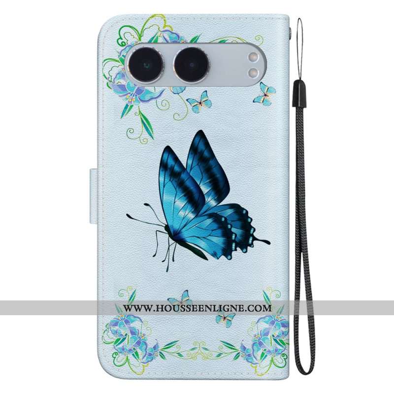 Housse OnePlus Nord 4 Papillon Bleu et Fleur à Lanière