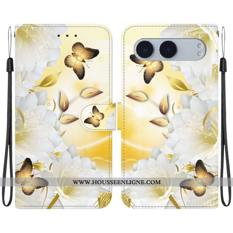 Housse OnePlus Nord 4 Papillons Dorés et Fleurs à Lanière