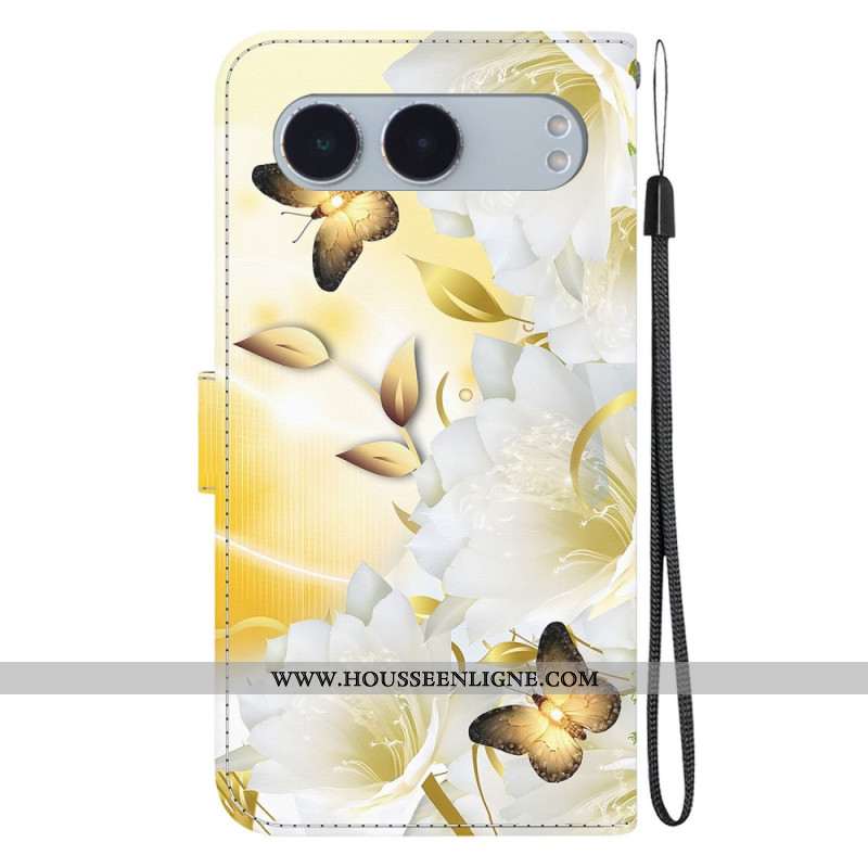 Housse OnePlus Nord 4 Papillons Dorés et Fleurs à Lanière