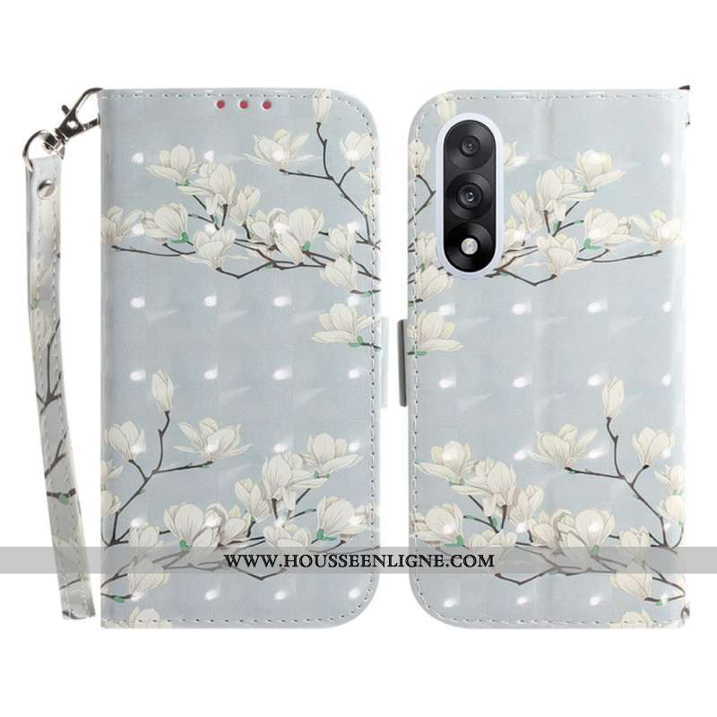 Housse OnePlus Nord 5 5G Fleurs Blanches à Lanière