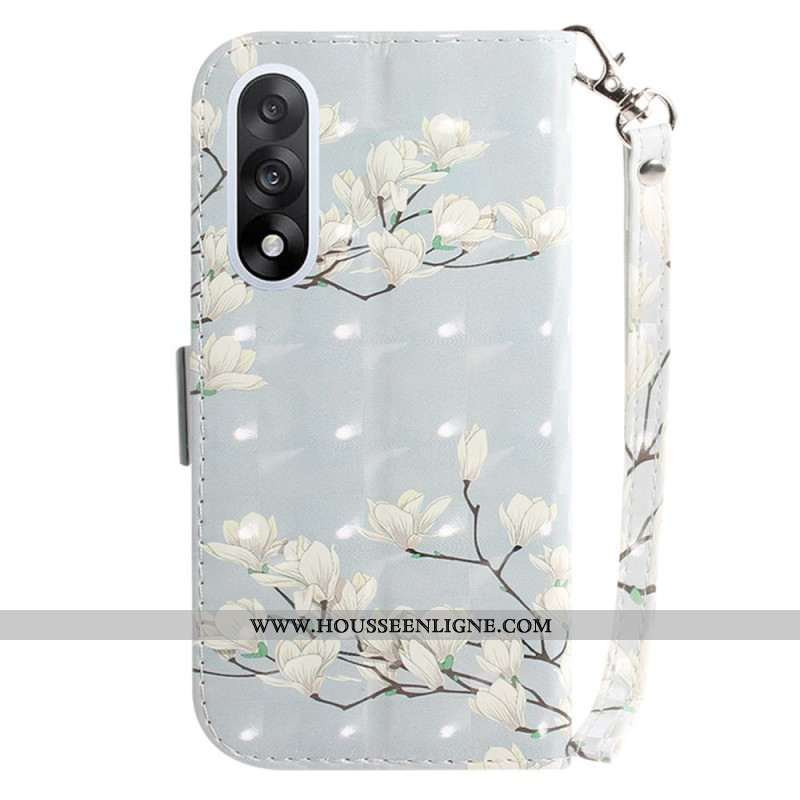 Housse OnePlus Nord 5 5G Fleurs Blanches à Lanière