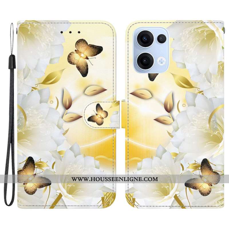Housse Oppo Reno 13 5G Papillons Dorés et Fleurs Blanches