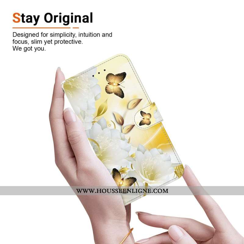 Housse Oppo Reno 13 5G Papillons Dorés et Fleurs Blanches