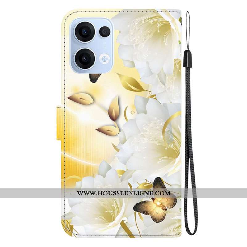 Housse Oppo Reno 13 5G Papillons Dorés et Fleurs Blanches