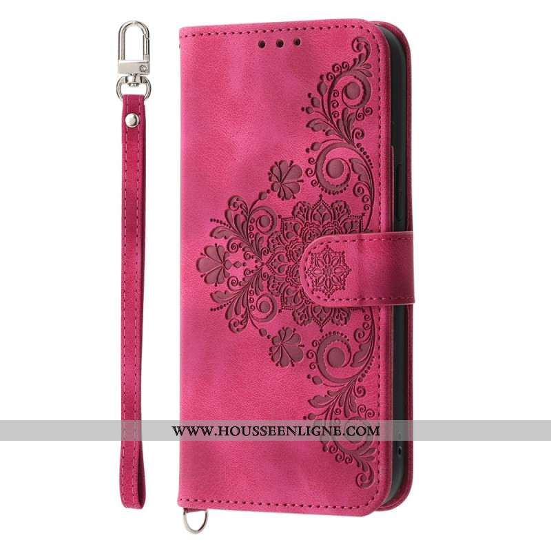 Housse Oppo Reno 13F 4G / 5G / FS 5G Effet Daim Dentelle aec Lanière et Bandoulière