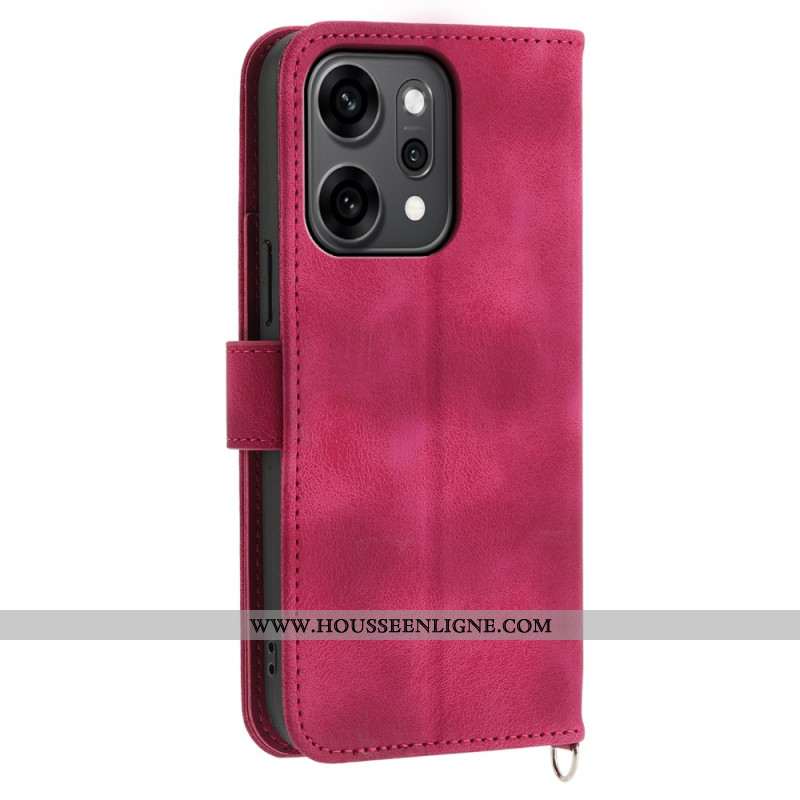 Housse Oppo Reno 14 Pro 5G Effet Daim Dentelle avec Lanière et Bandoulière