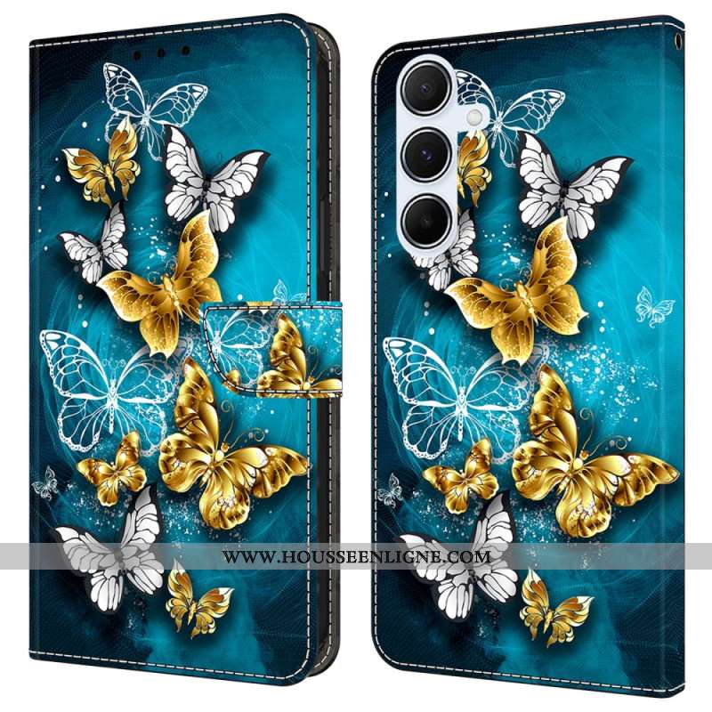 Housse Samsung Galaxy A17 4G / 5G Papillons Dorés sur Fond Vert