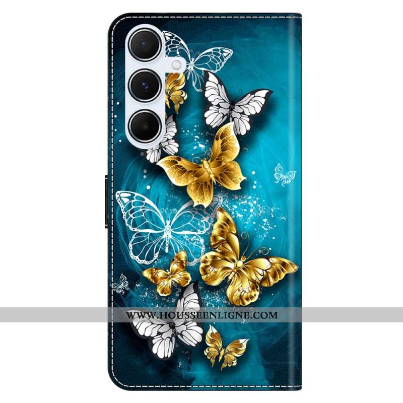 Housse Samsung Galaxy A17 4G / 5G Papillons Dorés sur Fond Vert