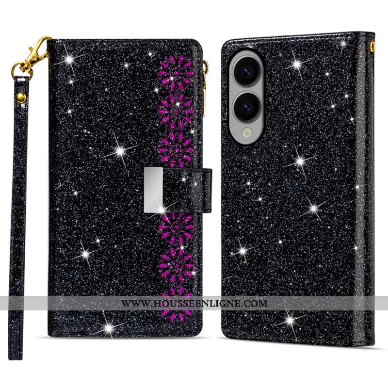 Housse Samsung Galaxy S25 Edge Portefeuille Paillettes à Lanière