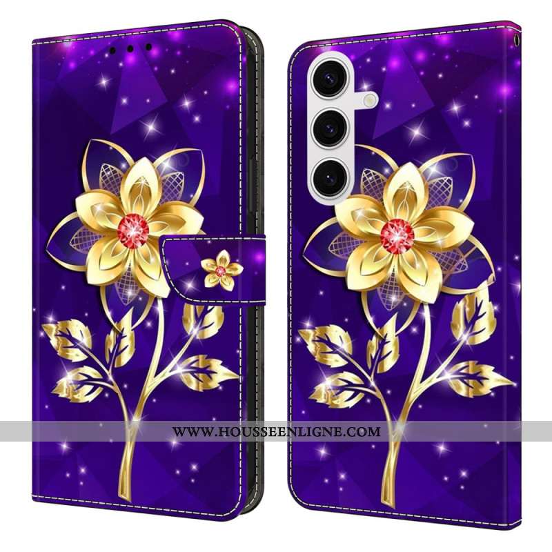 Housse Samsung Galaxy S25 FE Fleurs Dorées sur Fond Violet