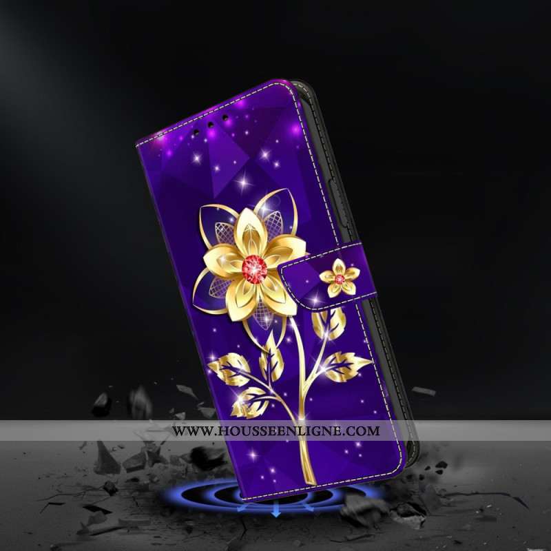 Housse Samsung Galaxy S25 FE Fleurs Dorées sur Fond Violet