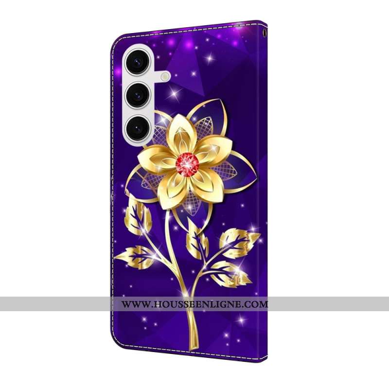 Housse Samsung Galaxy S25 FE Fleurs Dorées sur Fond Violet