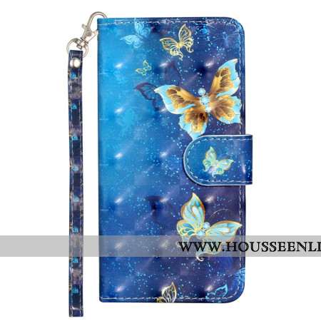 Housse Samsung Galaxy S25 FE Papillons Bleu et Or à Lanière