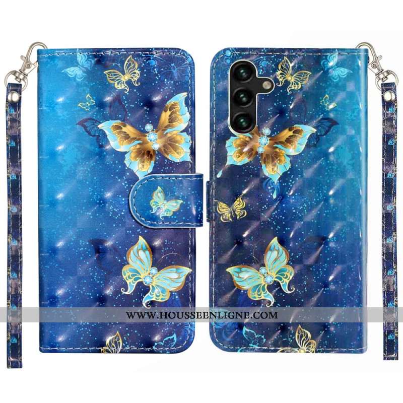 Housse Samsung Galaxy S25 FE Papillons Bleu et Or à Lanière