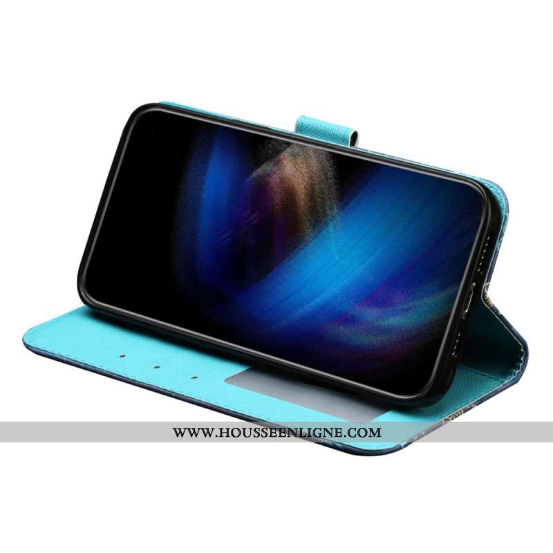 Housse Samsung Galaxy S25 FE Papillons Bleu et Or à Lanière