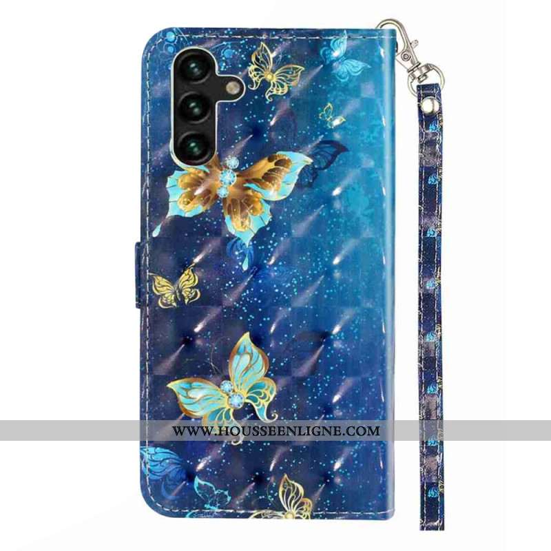 Housse Samsung Galaxy S25 FE Papillons Bleu et Or à Lanière