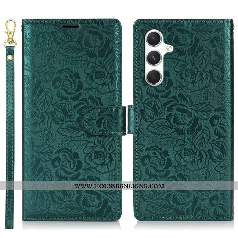 Housse Samsung Galaxy S25 Plus 5G Empreinte Florale à Lanière