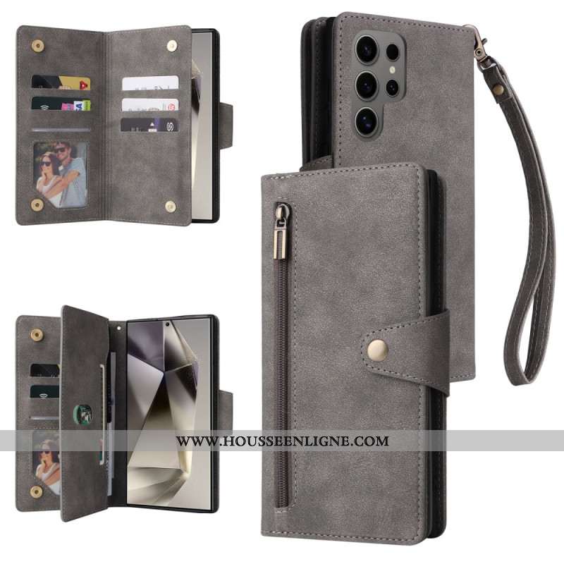 Housse Samsung Galaxy S25 Ultra 5G Portefeuille Effet Daim avec Lanière