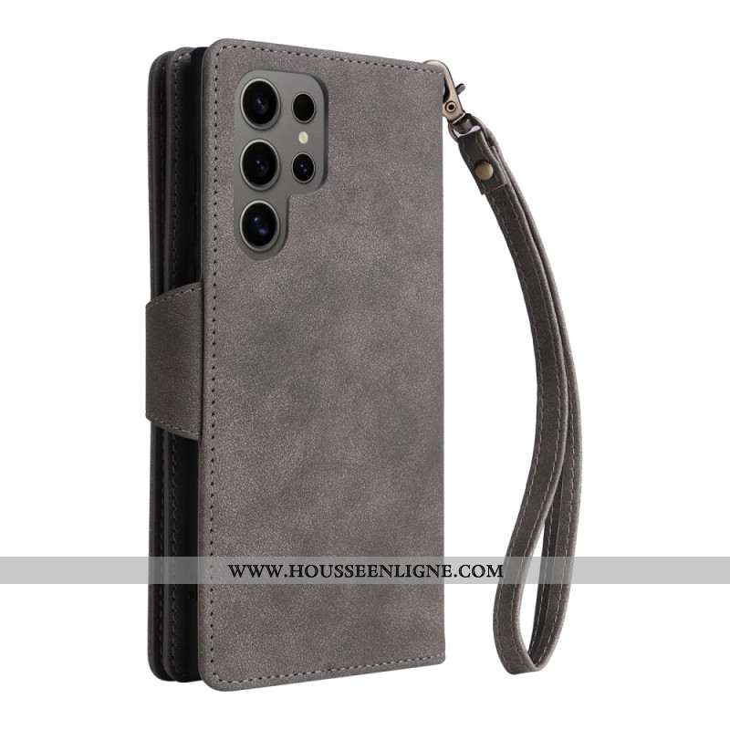 Housse Samsung Galaxy S25 Ultra 5G Portefeuille Effet Daim avec Lanière