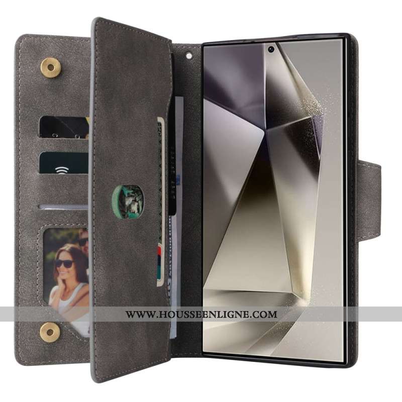 Housse Samsung Galaxy S25 Ultra 5G Portefeuille Effet Daim avec Lanière
