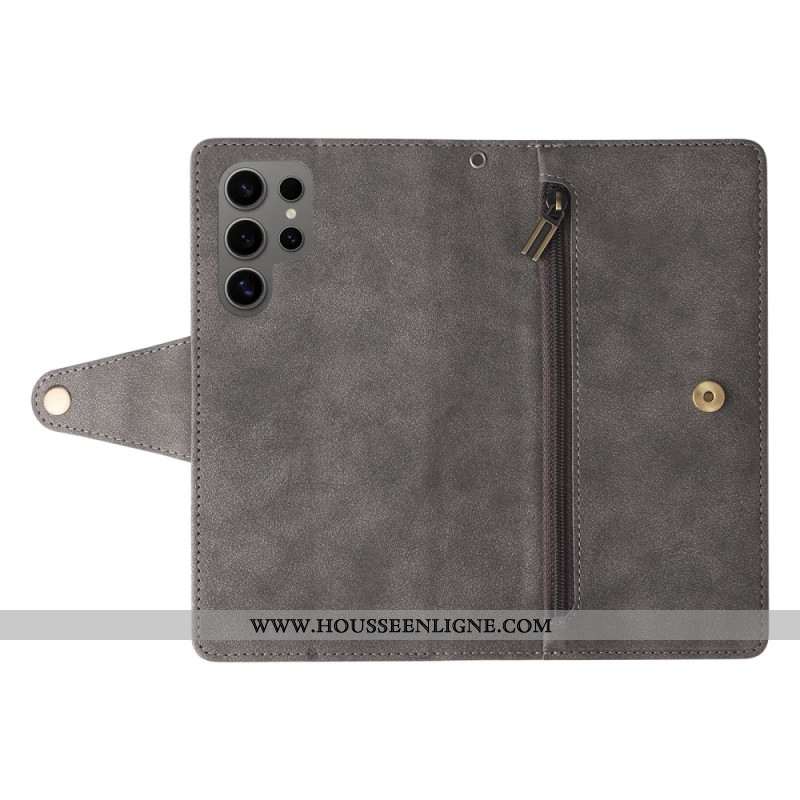 Housse Samsung Galaxy S25 Ultra 5G Portefeuille Effet Daim avec Lanière