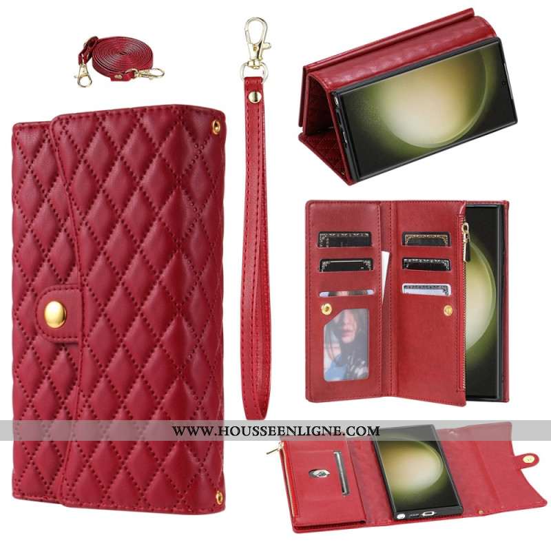 Housse Samsung Galaxy S25 Ultra 5G Portefeuille Matelassé avec Bandoulière