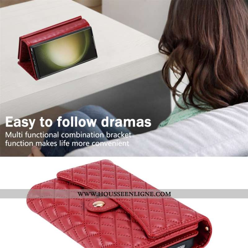 Housse Samsung Galaxy S25 Ultra 5G Portefeuille Matelassé avec Bandoulière