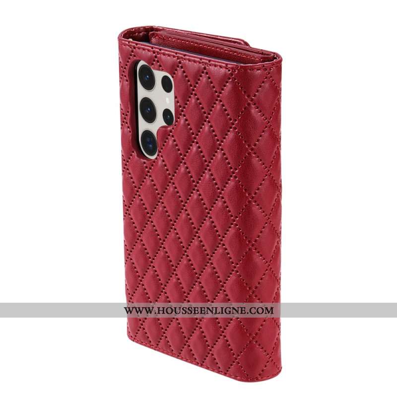 Housse Samsung Galaxy S25 Ultra 5G Portefeuille Matelassé avec Bandoulière