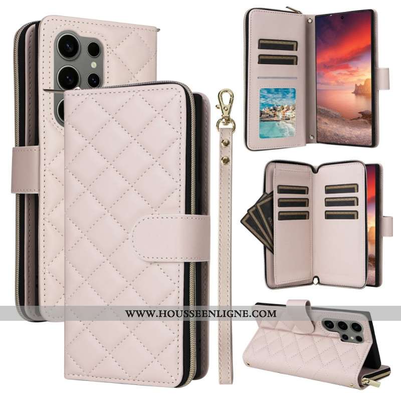 Housse Samsung Galaxy S25 Ultra 5G Portefeuille Matelassé avec Lanière et Bandoulière