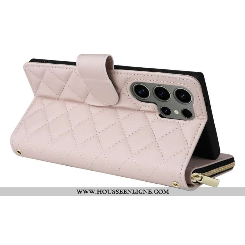 Housse Samsung Galaxy S25 Ultra 5G Portefeuille Matelassé avec Lanière et Bandoulière