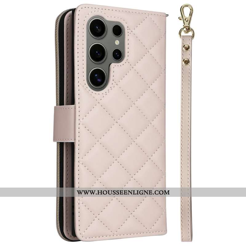 Housse Samsung Galaxy S25 Ultra 5G Portefeuille Matelassé avec Lanière et Bandoulière