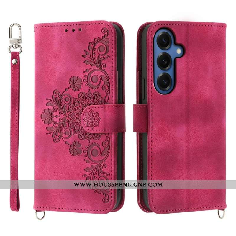 Housse Samsung Galaxy S26 Motif Floral Effet Daim avec Sangles