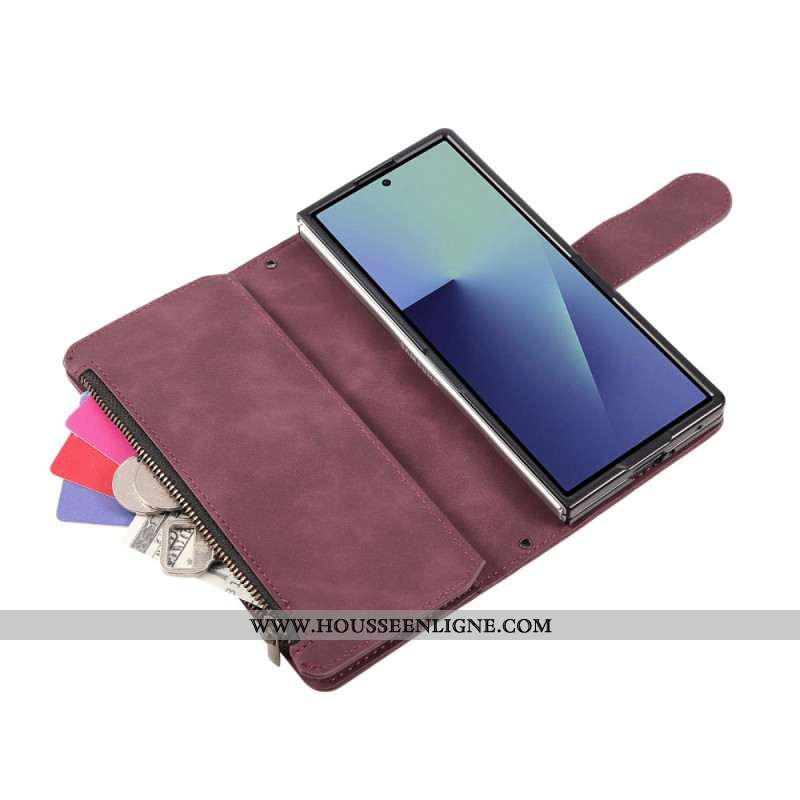 Housse Samsung Galaxy Z Fold 7 Portefeuille Effet Daim avec Bandoulière