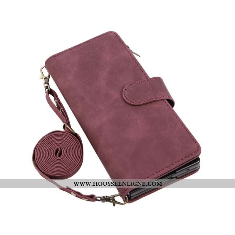 Housse Samsung Galaxy Z Fold 7 Portefeuille Effet Daim avec Bandoulière