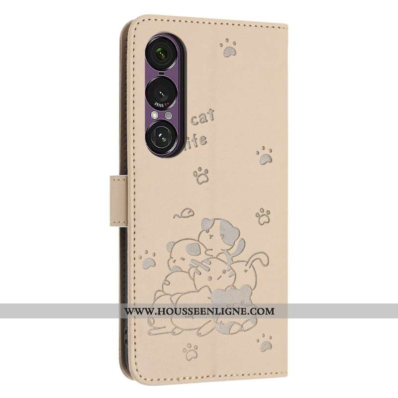 Housse Sony Xperia 1 VII Chats Cartoon à Lanière