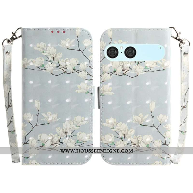 Housse Sony Xperia 10 VII Magnolias Blancs à Lanière